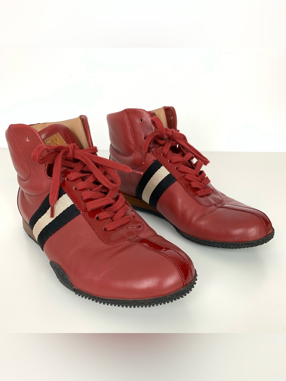 Bally High-top Red Leather Sneakers Black White Stripe Men’s Size 7D Frendy